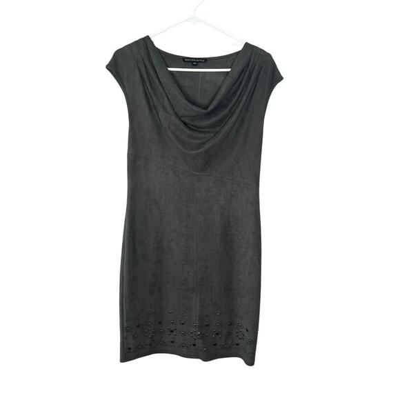 Saks Fifth Avenue Faux Suede Studded Hem Draped Neck Sleeveless Dress Gray 6 - Picture 1 of 13